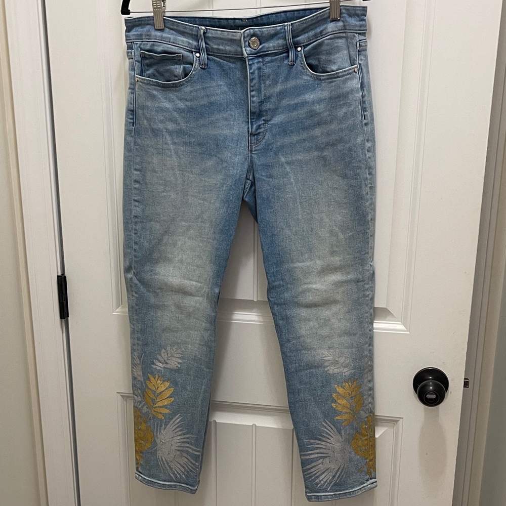 White House Black Market Blue Jeans with Gold Leaf Accents